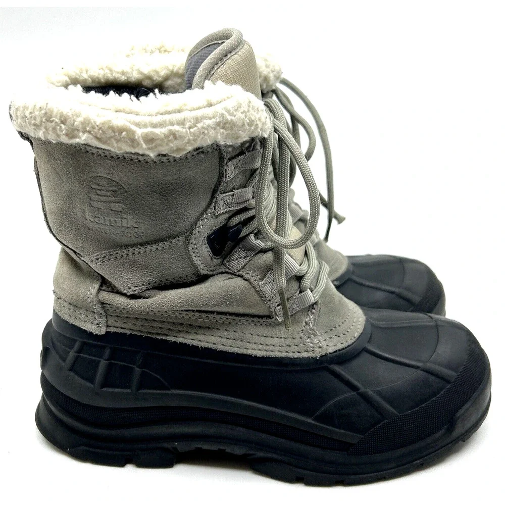 KKamik Womens Acadia Suede Snow Boots Sz 7 Sherpa Trim Rubber Waterproof Lace Up